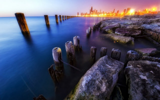 City skyline rocky shore dusk - alson s. clark free wallpaper for desktop
