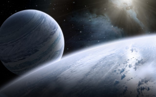 Distant planet space bright sun - a distant star in the foreground free wallpaper