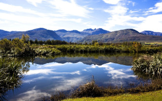 Lake mountains grass clouds sky - mountain and grass free wallpaper for desktop
