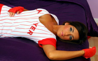 Woman baseball uniform gloves portrait - her arm and chest free wallpaper