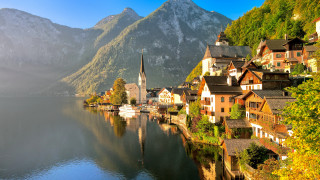 Lake houses mountains church bridge - house free wallpaper for desktop