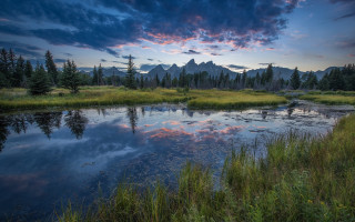 Sunset pond mountains person water - the mountain free wallpaper