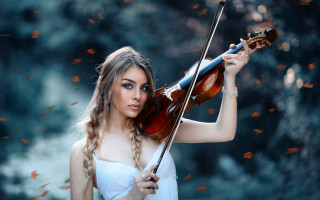 Woman white dress violin forest - a violin free wallpaper for desktop