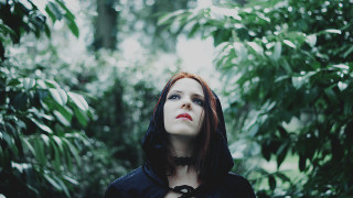 Woman redhair hoodie forest sky - free vintage wallpaper for desktop