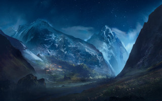 Mountain range river town star - a painting of a mountain range free wallpaper