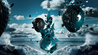 Floating guitar beach ocean sky - white cloud free wallpaper