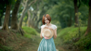 Woman dress hat forest basket - a woman in a dress and hat free wallpaper