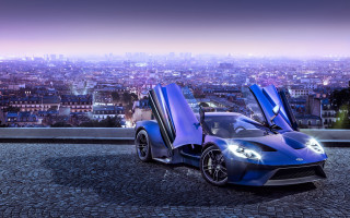 Blue sports car city night 2 - open door free wallpaper