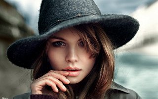 Woman hat jacket pose Eszter - her hand free wallpaper