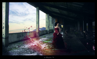 Woman red dress ocean view - matte painting free wallpaper