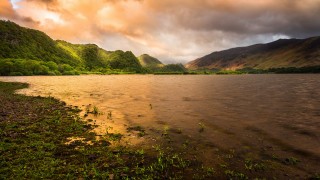 Lake mountains cloudy sky plants - a few cloud above free wallpaper