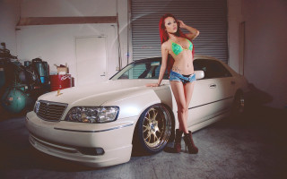 Woman bikini whitecar garage redhair - photoshoot free wallpaper