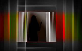 Woman doorway cellphone multicolored background - llustration free wallpaper for desktop