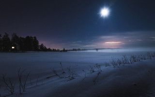 Full moon snowy field night - a foggy sky free wallpaper