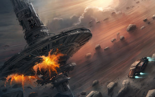 Sci fi flying city fireball - free sci-fi wallpaper for desktop