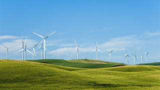 Wind turbines hill green grass - blue sky in the background free wallpaper