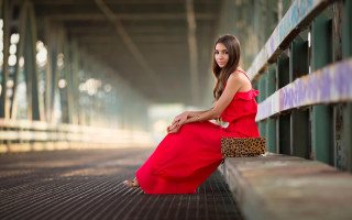 Woman red dress bench tunnel - summer vibrancy free wallpaper