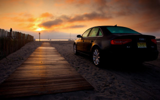 Car beach sunset woodenwalkway boat - a wooden walkway free wallpaper