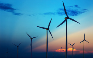 Wind turbines field sunset blue - a few cloud free wallpaper for desktop