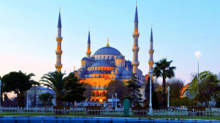 Large blue mosque night palm - altoon sultan free wallpaper for desktop