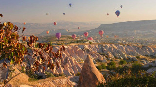 Hot air balloons valley mountains - free happy birthday wallpaper for desktop
