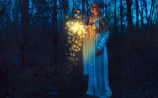 Woman white dress glowing lantern - fantasy magic free wallpaper