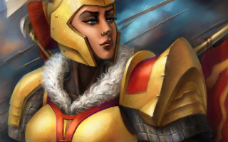 Woman yellow armor sword fantasy - her hand and a helmet free wallpaper