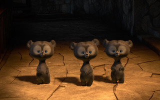 Three teddy bears stone wall - a line free wallpaper