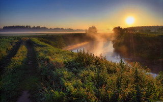 River foggy sunset trees bushes - the bank free wallpaper