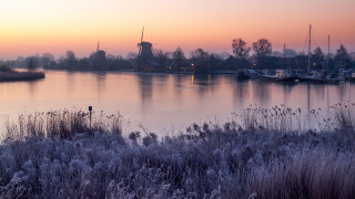 Water boats windmill sunset impessionism - a windmill in the background free wallpaper