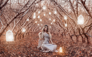 Woman forest lantern autumn dress - a lantern free wallpaper