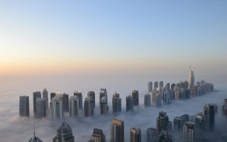 City foggy skyline neoism architecture - volumetric fog free wallpaper for desktop