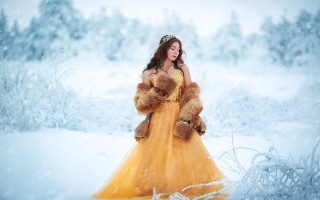 Woman yellow dress teddy snowy - a storybook illustration free wallpaper