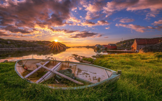 Boat grass sunset water bridge - free summer wallpaper for desktop