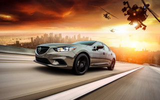 Silver car helicopter city dusk - a helicopter free wallpaper for desktop