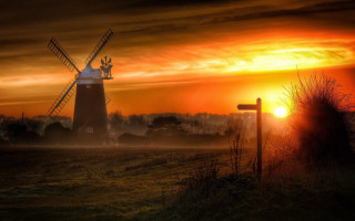 Windmill fog sunset fence landscape - bertram brooker free wallpaper for desktop