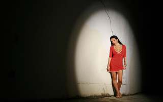 Woman red dress shadow backlighting - the wall behind her free wallpaper for desktop