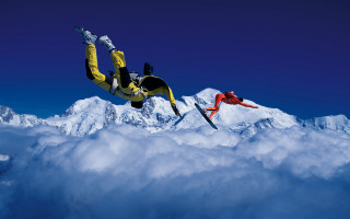 Snowboarders flying clouds mountains illustration - upside free wallpaper for desktop