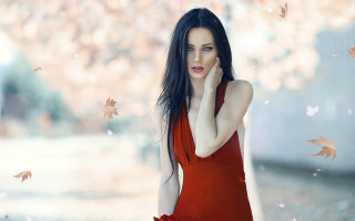 Woman red dress autumn leaves - a ponytail free wallpaper