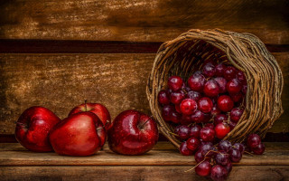 Basket cherries red apples wooden - red apple free wallpaper