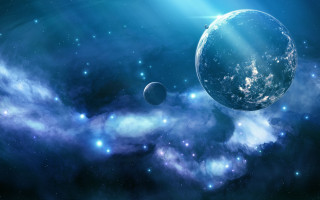 Blue planet stars space art 2 - two smaller planet free wallpaper