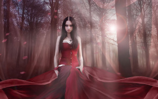 Woman red dress forest gothic - her shoulder free wallpaper for desktop