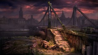 Bridge man city red sky - matte painting concept art free wallpaper for desktop