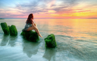 Woman rock ocean sunset beach - a rock in the ocean free wallpaper