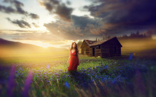 Woman red dress field cabin - dirk crabeth free wallpaper