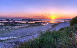 Sunset beach boats grass hill - the water and grass free wallpaper