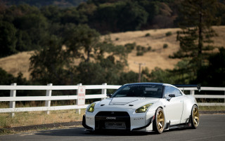 White sports car driving road 2 - a fence and trees free wallpaper