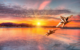 Sunset plane over water matte - chris moore free wallpaper