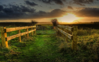 Fence grassfield sunset cloudy sky - grassy free wallpaper for desktop