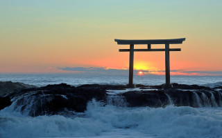 Tori floating ocean sunset waves - japan aya goda free wallpaper